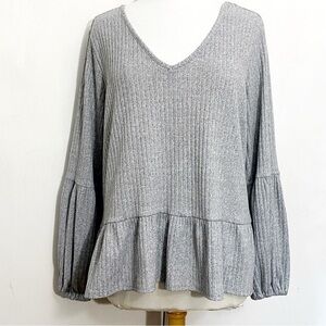 Gray V-Neck Ribbed Women's Top